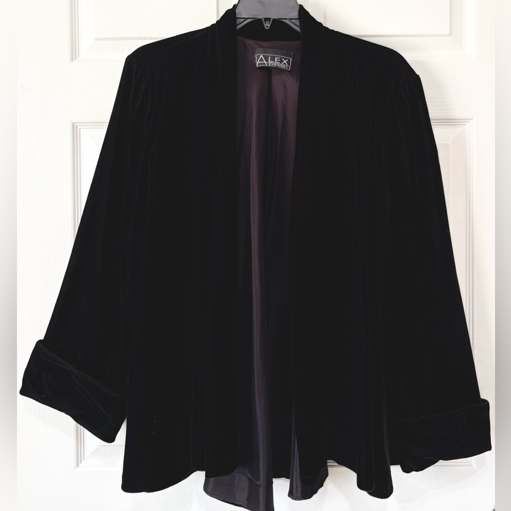 VTG Alex Evenings Plush Black Velvet Open Swing Coat Jacket Cocktail Party~1X